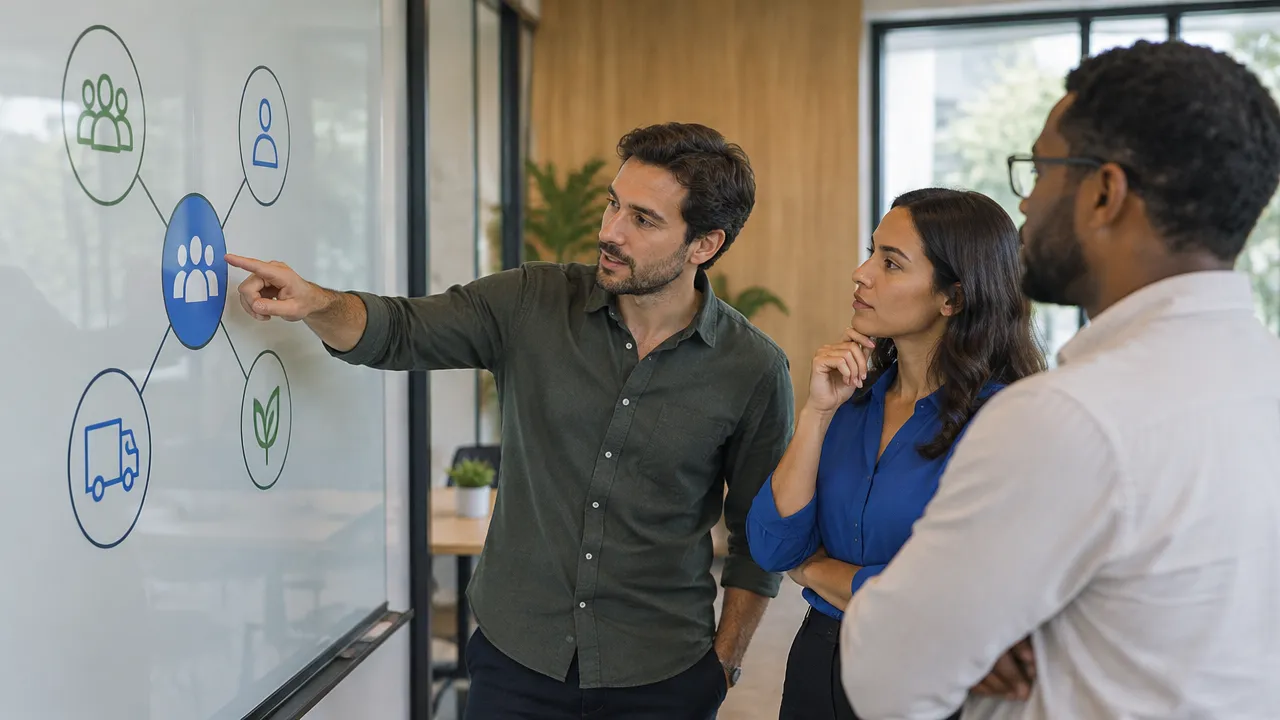 Lideranças avaliando em equipe os efeitos de uma decisão sobre funcionários, clientes, fornecedores e comunidade