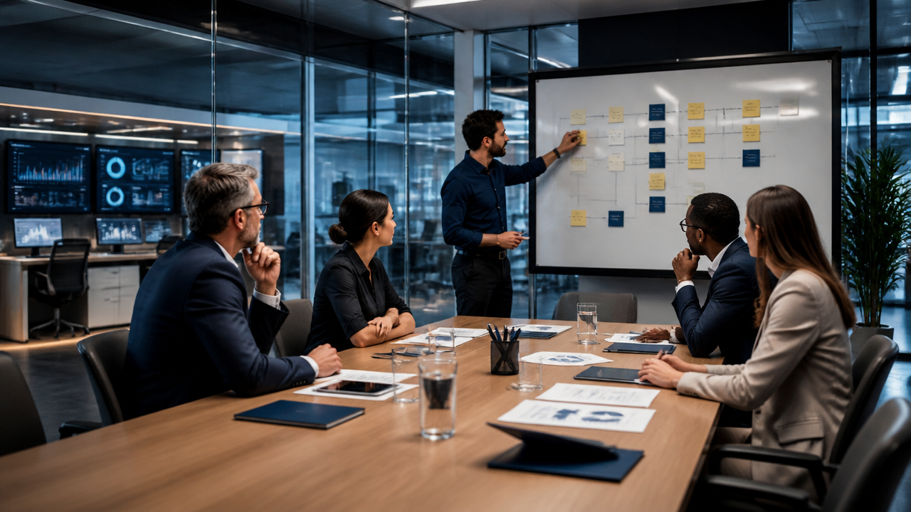 Lideranças de diferentes áreas discutindo como estruturar iniciativas de IA antes de levá-las para a operação de TI.