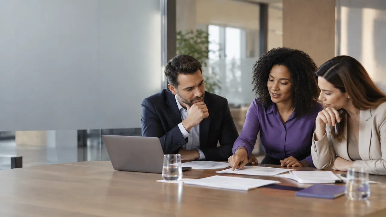 Lideranças discutem uma decisão empresarial com atenção a valores e responsabilidade
