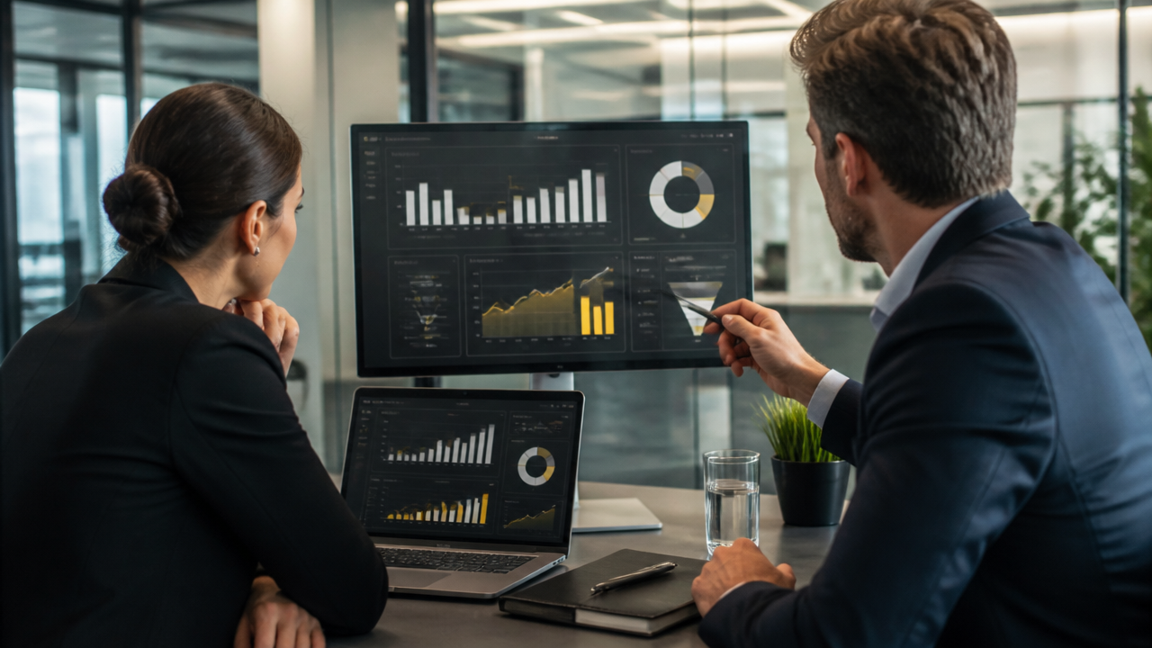 Líderes analisando indicadores de produtividade e retorno operacional com IA