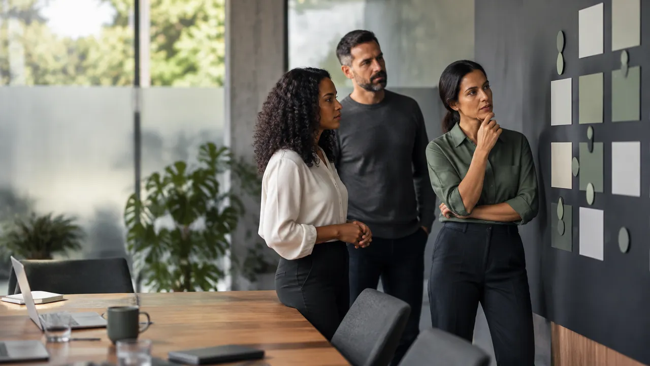 Líderes avaliam opções em uma reunião, ilustrando como vieses e decisões humanas moldam empresas.