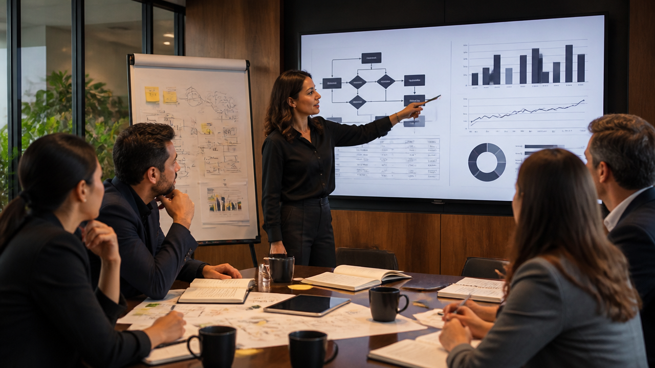 Líderes e equipes discutindo gestão de mudança para adoção de inteligência artificial.