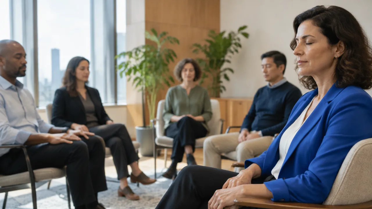 Líderes em uma breve prática de meditação durante um treinamento corporativo
