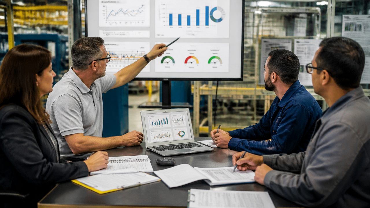 Líderes industriais analisando um relatório resumido em reunião de tomada de decisão.