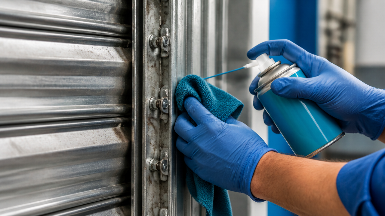 Limpeza e inspeção das guias de uma porta de aço de enrolar galvanizada