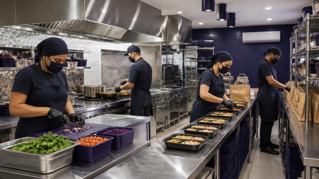 Linha de produção organizada em cozinha exclusiva para delivery, com estações de preparo e expedição