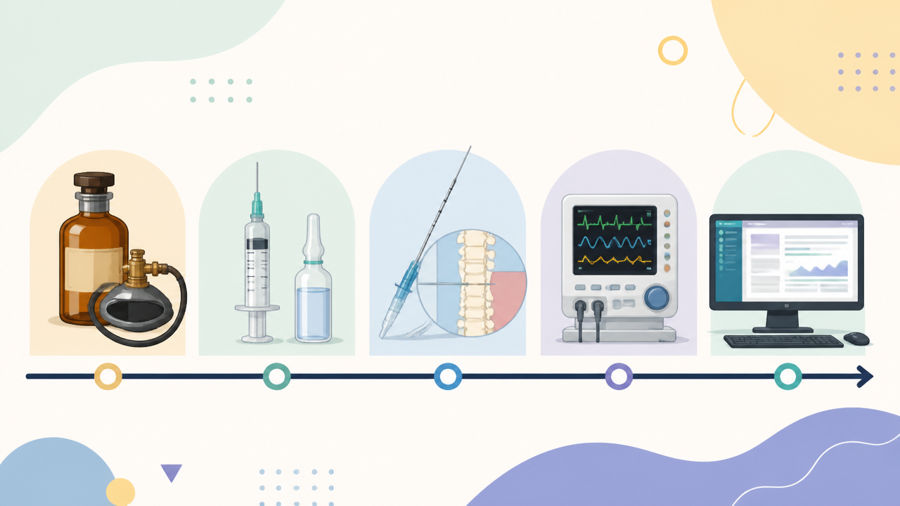 Linha do tempo ilustrada com a evolução das técnicas anestésicas e da monitorização.