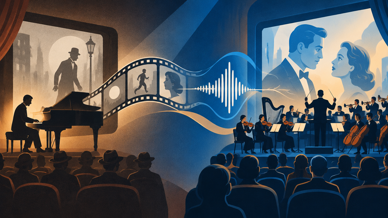 Linha do tempo ilustrada da música ao vivo nos cinemas à trilha sonora sincronizada