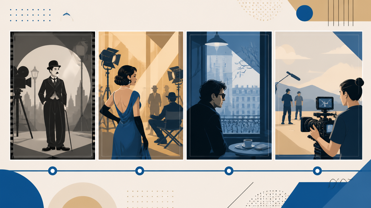 Linha do tempo ilustrada mostrando diferentes estilos do cinema, do período mudo aos anos 2000.