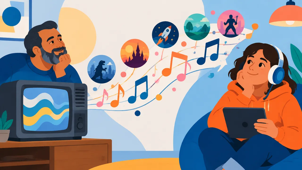 Linha do tempo visual liga uma televisão antiga a um dispositivo atual por notas musicais