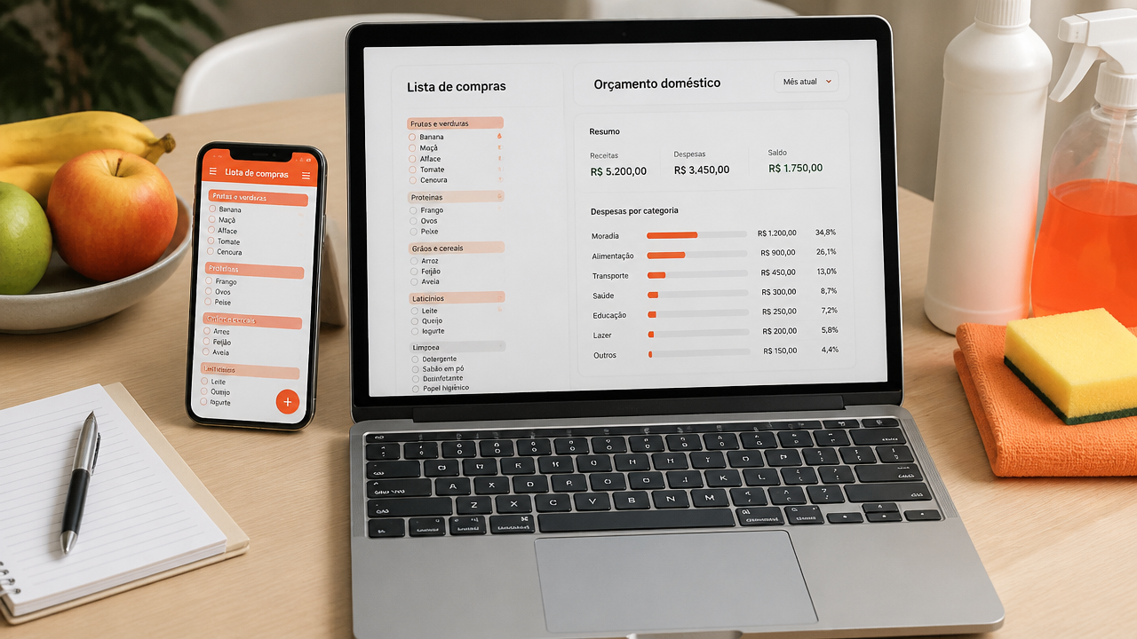 Lista de compras online organizada por categorias ao lado de um orçamento doméstico