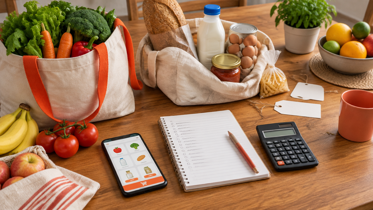 Lista de supermercado, celular e produtos organizados para comparar o custo completo de uma compra online