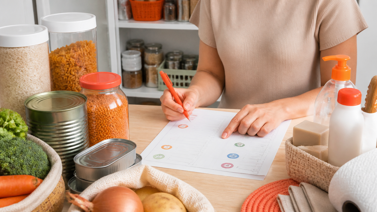 Lista de supermercado por categorias ao lado de alimentos organizados na despensa
