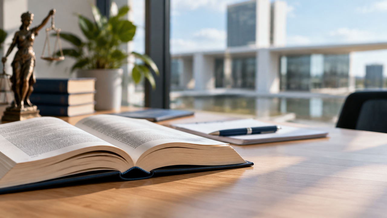 Livro jurídico aberto diante de arquitetura institucional, representando as bases constitucionais da segurança jurídica