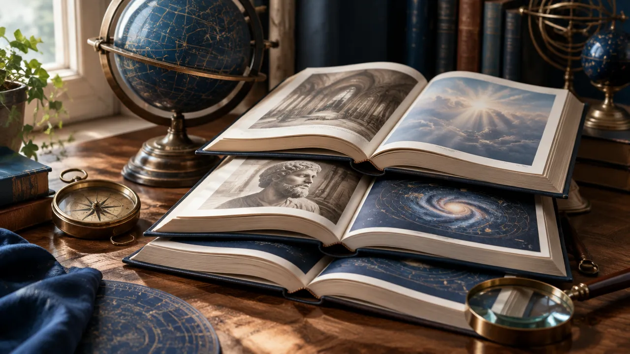 Livros, lupa e globo celeste em uma mesa de estudo, símbolos do estudo comparado associado à teosofia