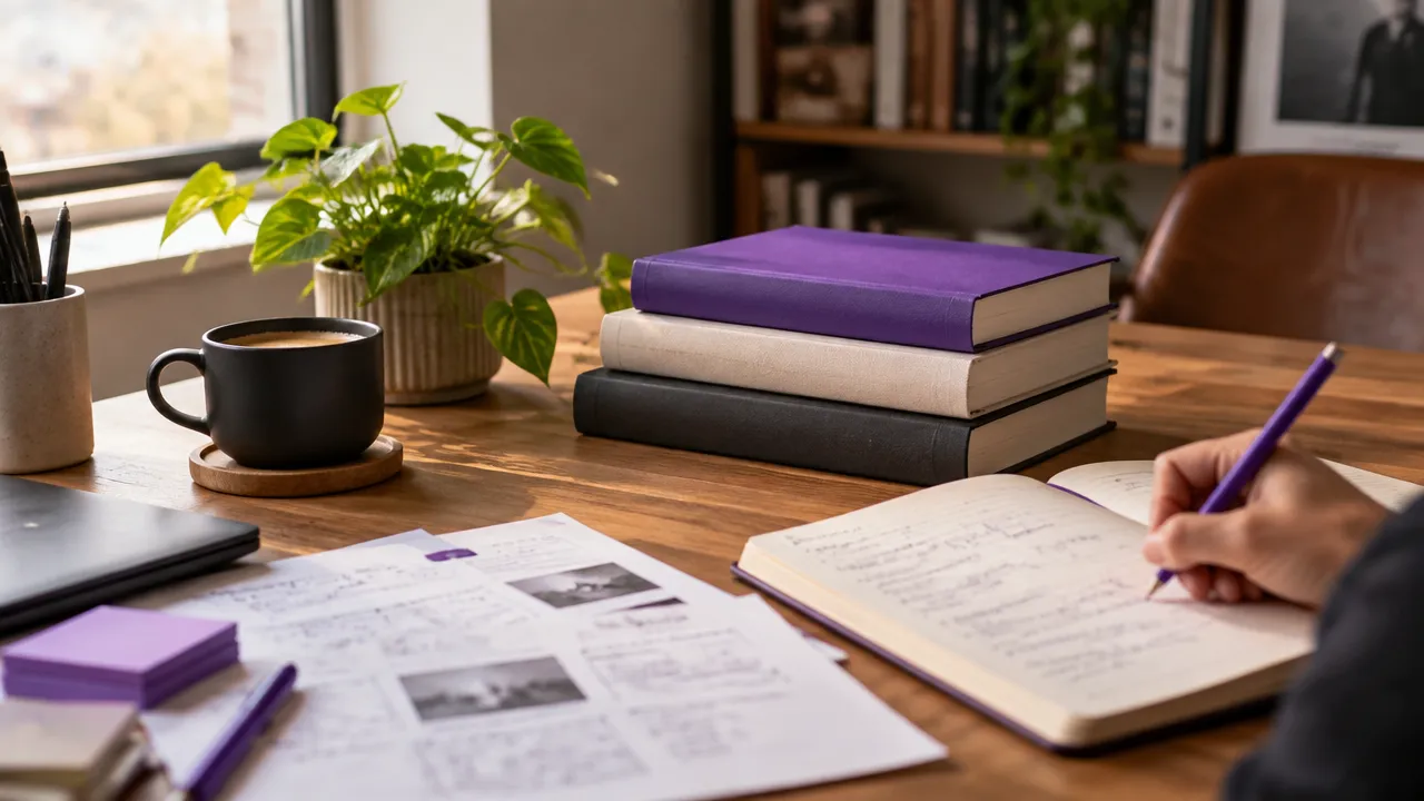 Livros sem títulos visíveis, caderno e anotações sobre uma mesa de estudo de copywriting