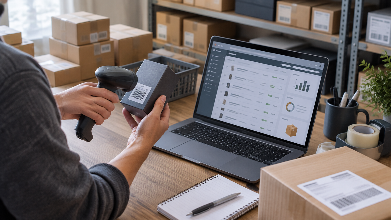 Lojista conferindo produtos, estoque e pedidos digitais antes de vender em um marketplace