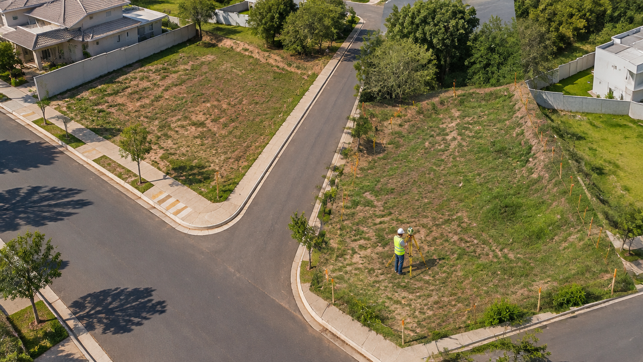 Lote de esquina com duas frentes e terreno irregular observados por topógrafo