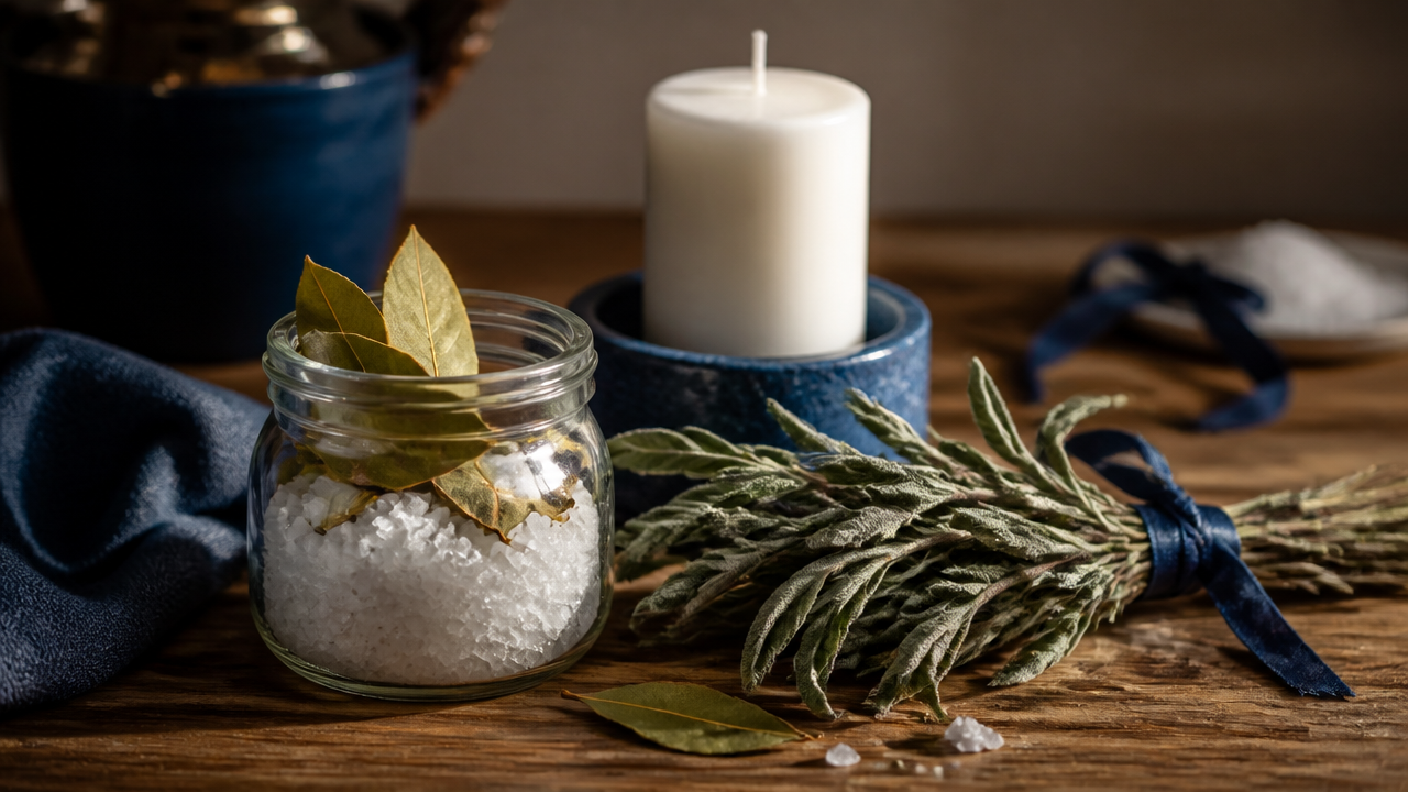 Louro, sálvia e sal grosso organizados sobre mesa de madeira para um ritual doméstico de proteção