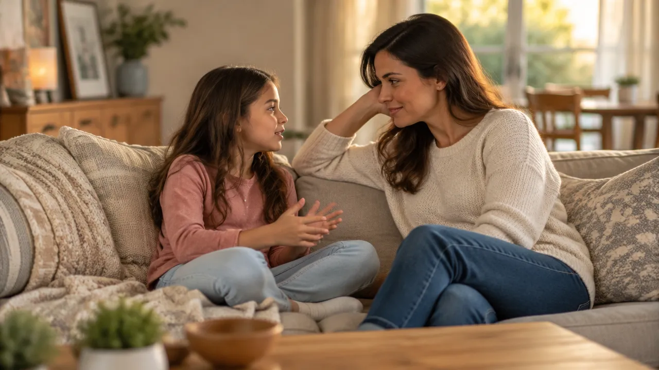 Mãe conversa com atenção e acolhe a criança durante um momento simples em casa