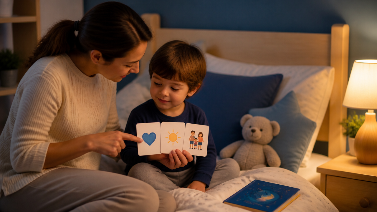 Mãe e criança usando cartões de gratidão antes de dormir