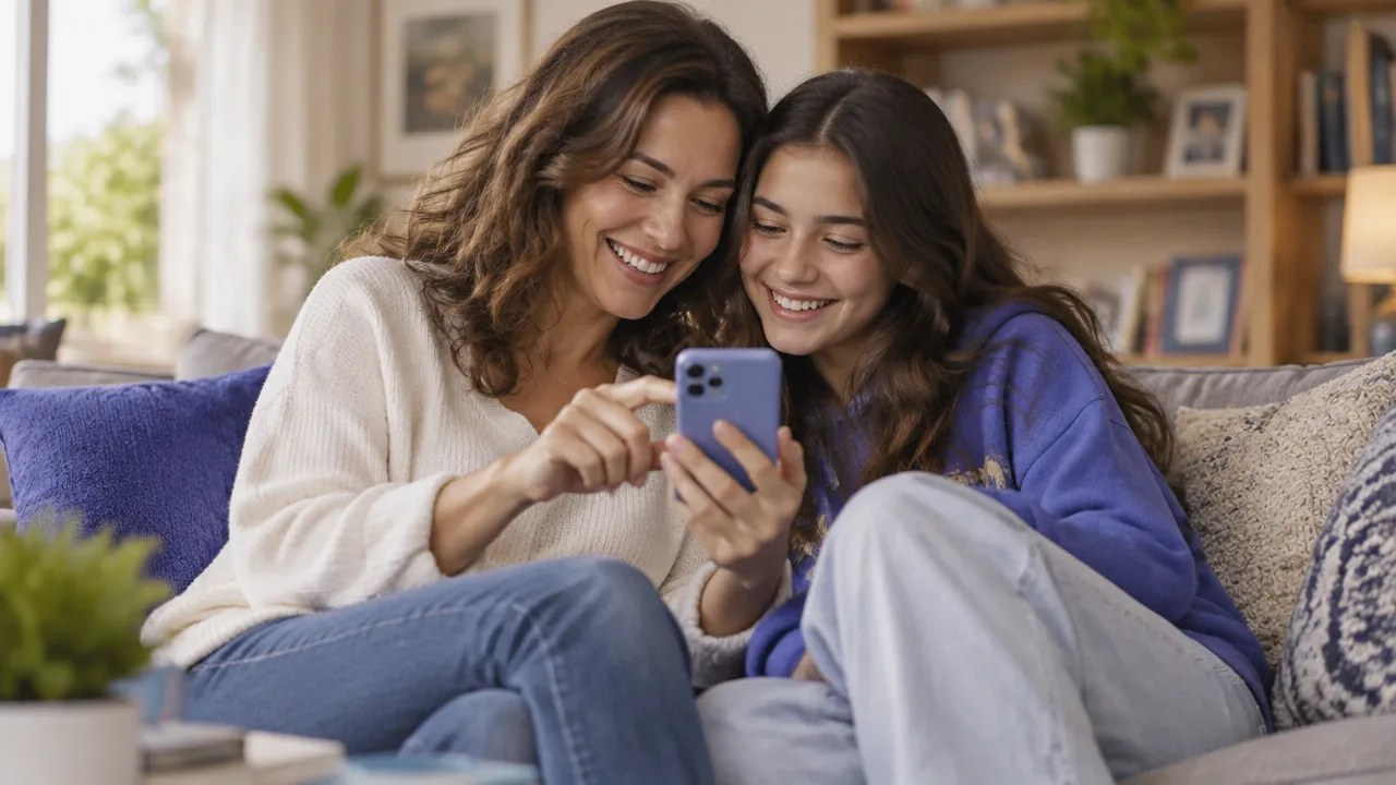Mãe e filha compartilham fotos no celular e conversam sorrindo no sofá