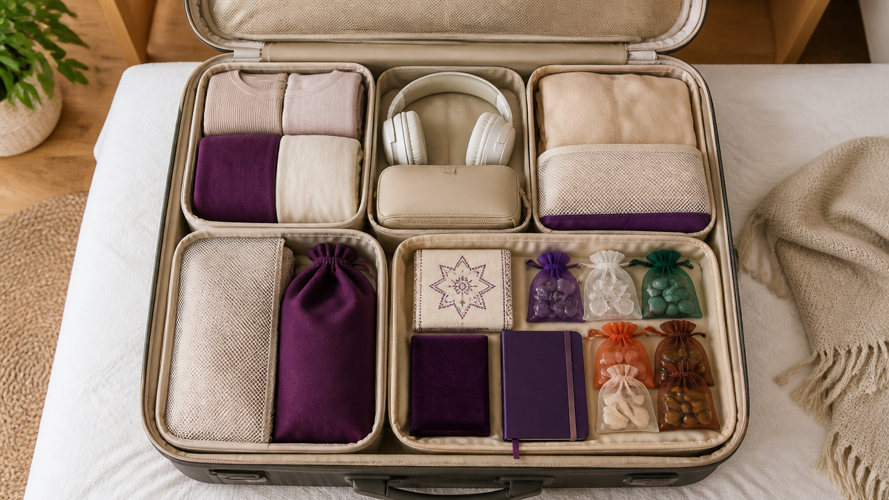 Mala organizada com compartimento para itens espirituais e esotéricos de viagem