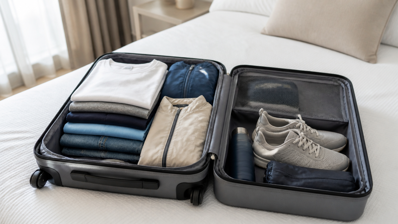 Mala organizada com roupas em camadas para viajar a Orlando em dezembro