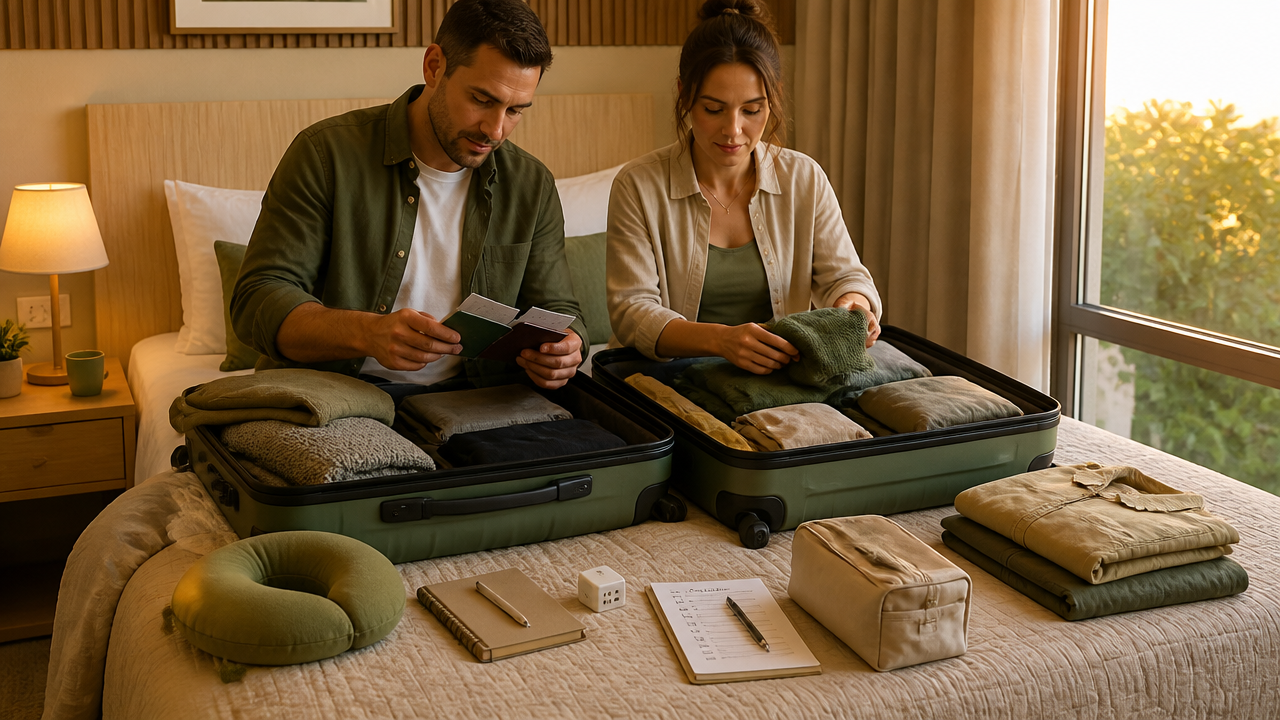 Malas abertas com documentos e roupas sendo organizados por um casal antes da viagem