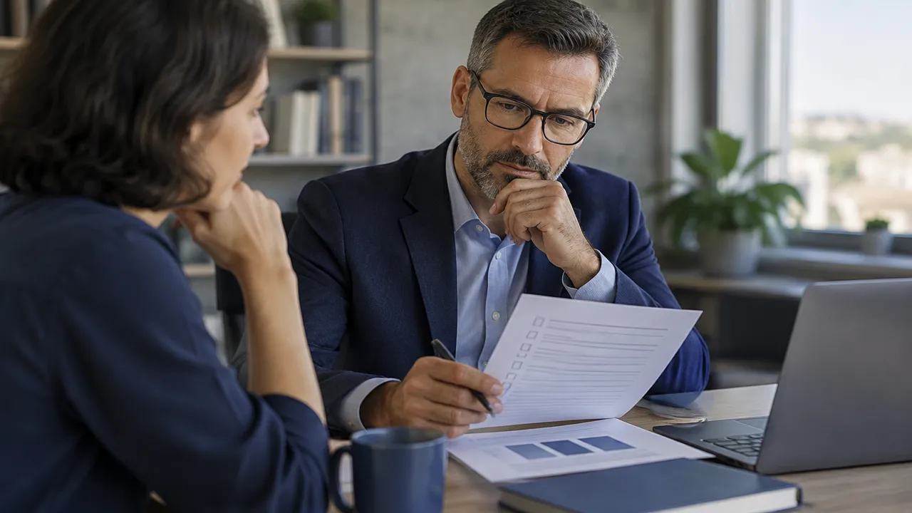 Manager and colleague reviewing risks before acting on a time-sensitive decision