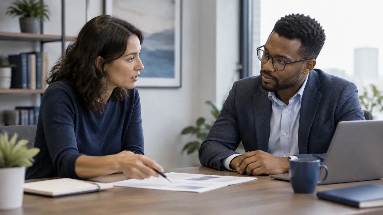 Manager listening supportively as an employee discusses a work challenge