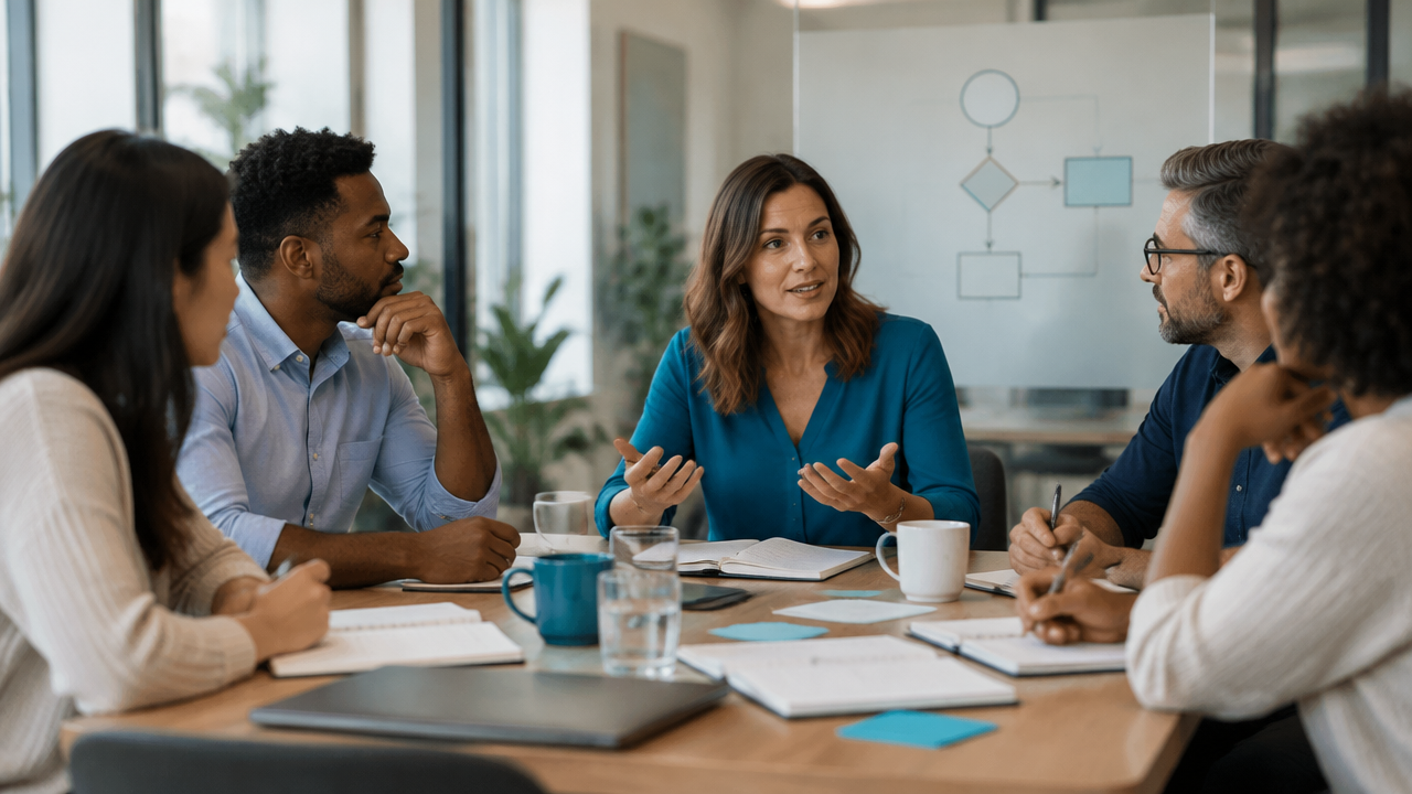 Managers and team members collaboratively map decision responsibilities during a leadership restructure