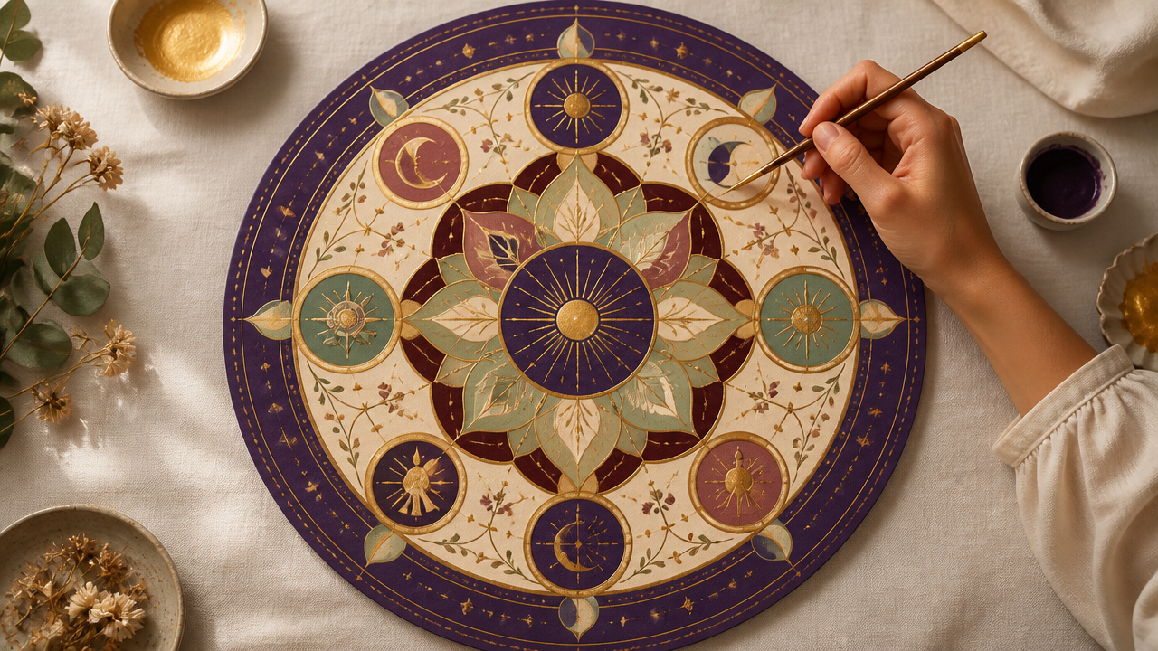 Mandala artística inspirada em símbolos do tarot em fase final de pintura