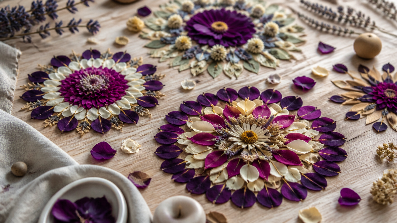 Mandalas de flores em diferentes cores e formatos sobre superfície de madeira clara