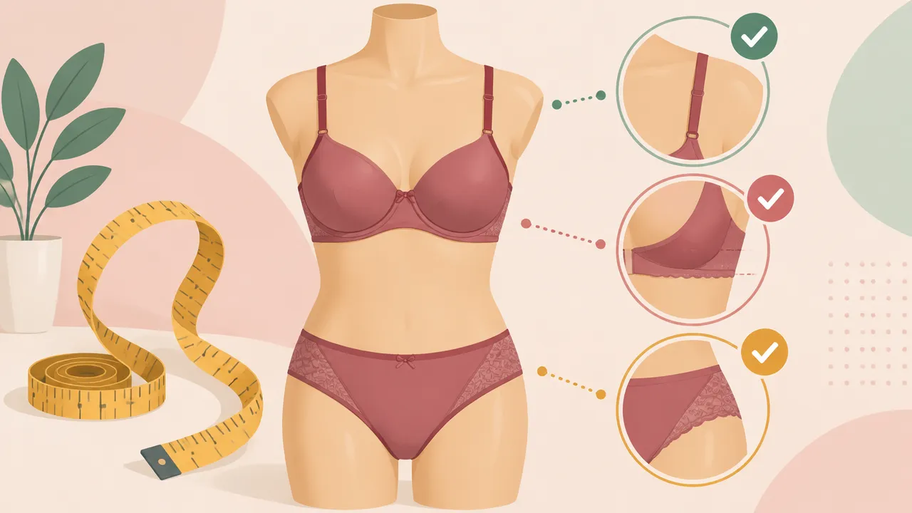 Manequim com lingerie e fita métrica ilustram como avaliar tamanho, sustentação e caimento