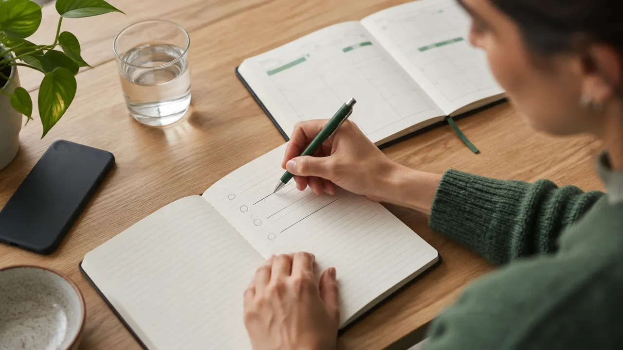Mano organizando en un cuaderno los pasos semanales para avanzar hacia una meta personal