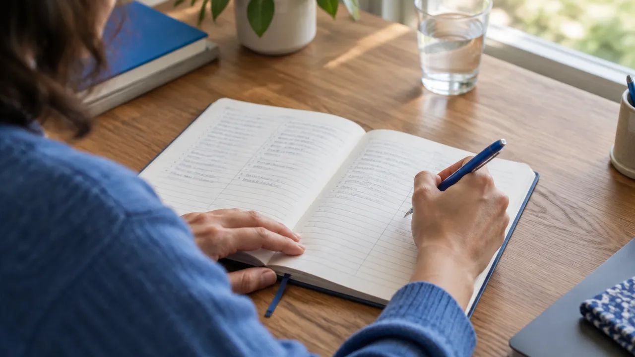 Mano que completa un registro escrito para examinar una creencia y buscar una perspectiva equilibrada