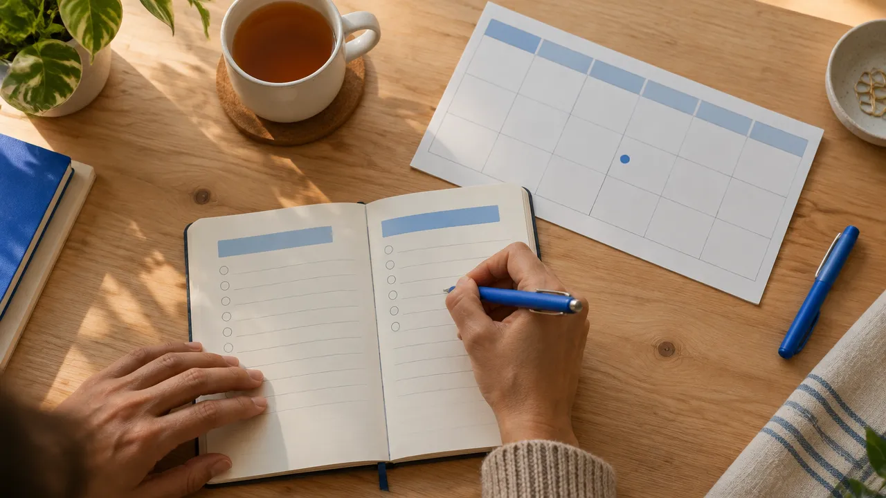 Mano que planifica una acción pequeña en una libreta junto a un calendario semanal.