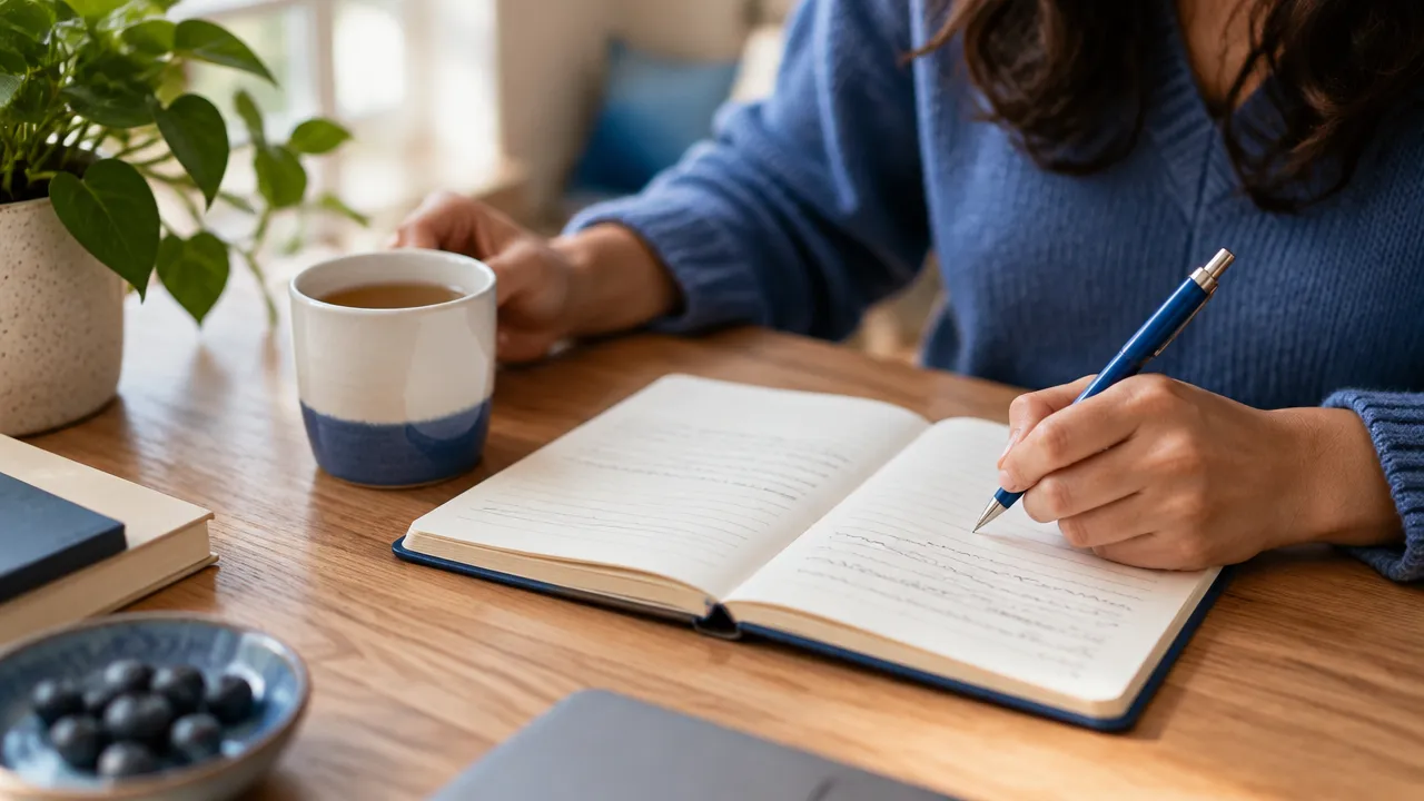 Manos anotan en un cuaderno experiencias y fortalezas durante una práctica de reflexión personal