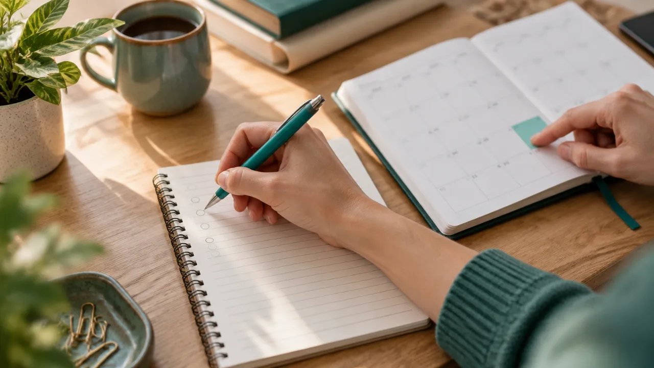 Manos anotando acciones concretas en un cuaderno junto a una agenda, como ejercicio para vivir los propios valores.