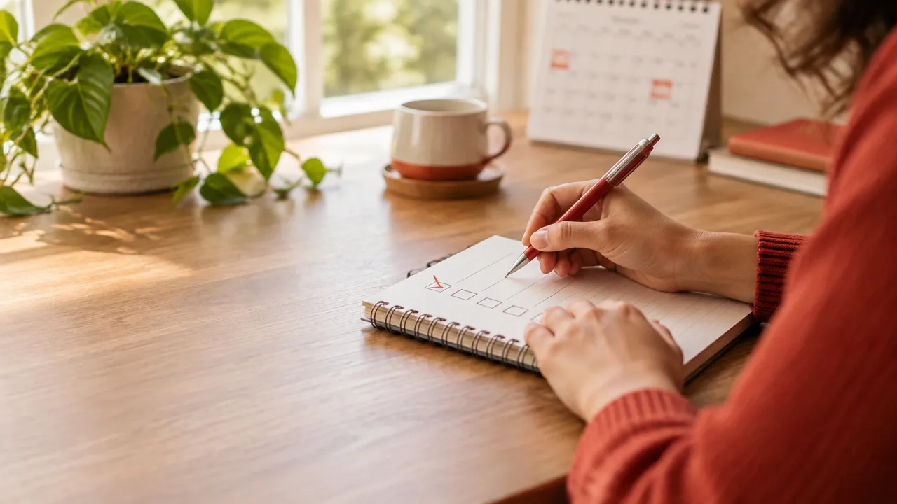 Manos anotando acciones semanales en una libreta para convertir una meta personal en un plan concreto.