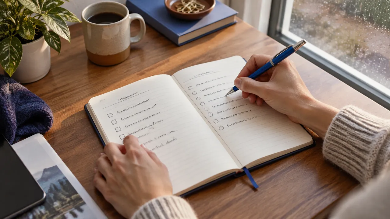Manos anotando en un cuaderno qué acciones dependen de uno ante una situación difícil.
