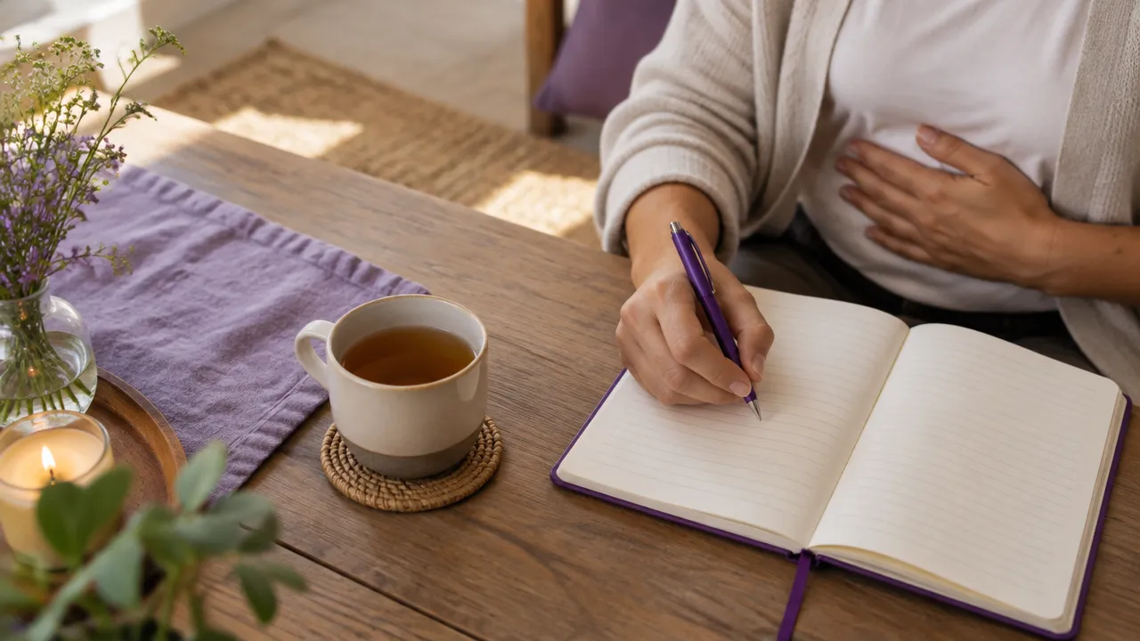Manos anotando en un cuaderno tras una pausa consciente para observar la impaciencia entre sesiones