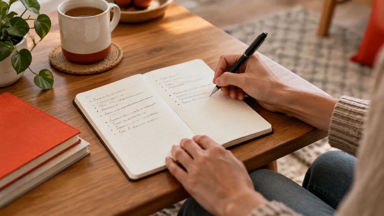 Manos anotando en un cuaderno un pensamiento automático y una respuesta más equilibrada como ejercicio breve de autoconciencia.