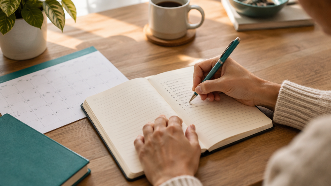 Manos anotando en un cuaderno una acción concreta después de reflexionar