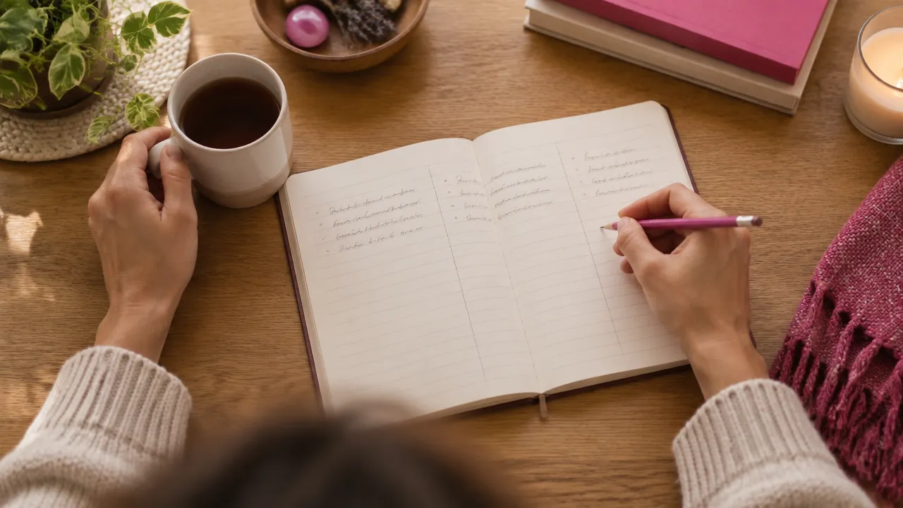 Manos anotando en un cuaderno una frase automática para investigar el origen de una creencia heredada