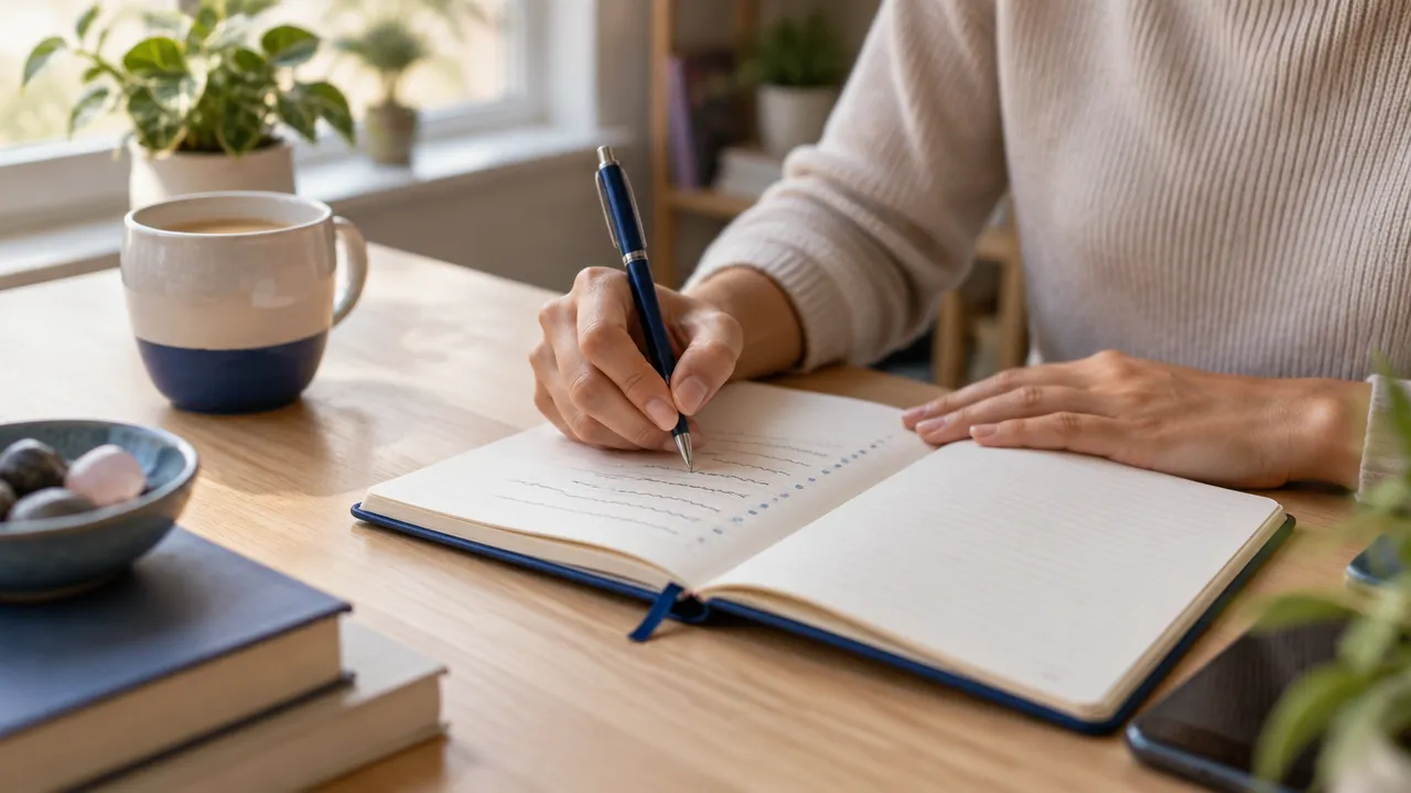 Manos anotando en un cuaderno una práctica diaria de gratitud y una acción intencional