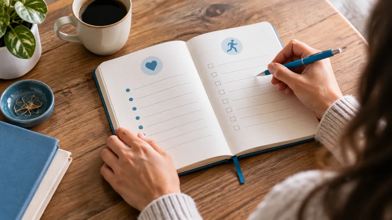 Manos anotando en un cuaderno valores personales y acciones concretas durante un ejercicio de reflexión consciente