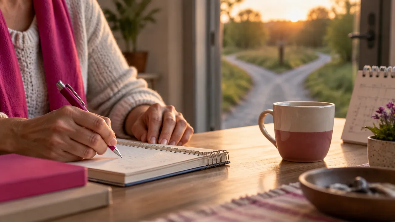 Manos anotando en una libreta decisiones y alternativas para el día siguiente