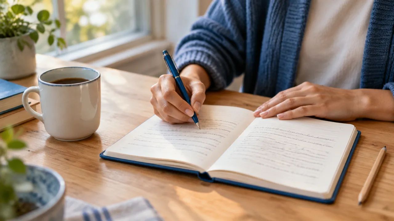 Manos anotando pensamientos en un cuaderno durante un ejercicio de reflexión personal